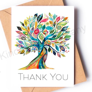 May include: A colorful thank you card featuring a stylized tree with a vibrant blue trunk and branches filled with colorful leaves, flowers, and swirls. The text "THANK YOU" is printed in black at the bottom of the card.