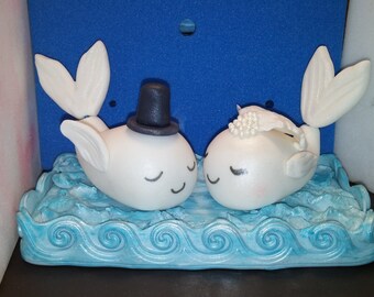 Small wedding Whale Couple cake topper with base. Ready for shipment.