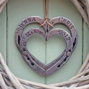 Horseshoe Hearts Keepsakes: Blacksmith made & Personalised with Names, and Dates iron / steel anniversary gift. presentation gift boxed. 11 image 1