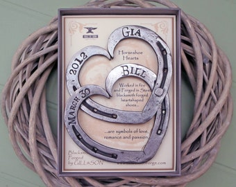 Steel Anniversary . 11th Anniversary . Personalised Entwined Horseshoes . Presentation box. Blacksmith Forged Steel. Gift for her. or him.