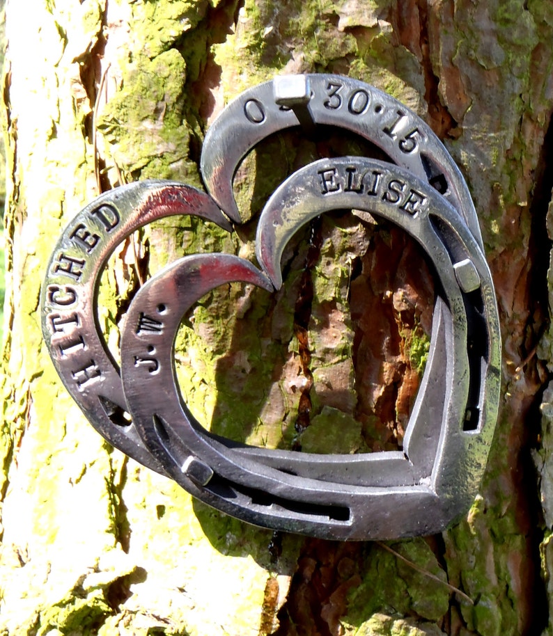 Horseshoe Hearts Keepsakes: Blacksmith made & Personalised with Names, and Dates iron / steel anniversary gift. presentation gift boxed. 11 image 9