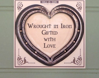 6th Iron Anniversary Gift. Horseshoe Heart. Blacksmith Forged. Wrought in Iron. Love Heart. (10cm. sq.)