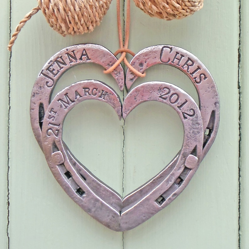 Horseshoe Hearts Keepsakes: Blacksmith made & Personalised with Names, and Dates iron / steel anniversary gift. presentation gift boxed. 11 image 2