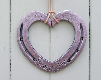 Memorial Heart Shaped Horseshoe, Blacksmith Forged, personalized, complete with two horseshoe nails for mounting and in a presentation box