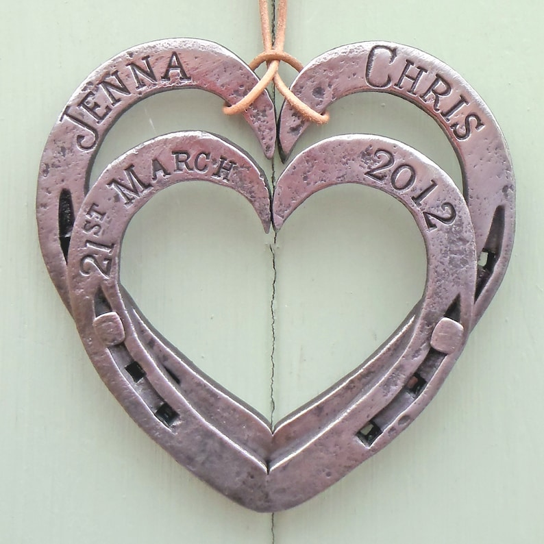 Horseshoe Hearts Keepsakes: Blacksmith made & Personalised with Names, and Dates iron / steel anniversary gift. presentation gift boxed. 11 image 6