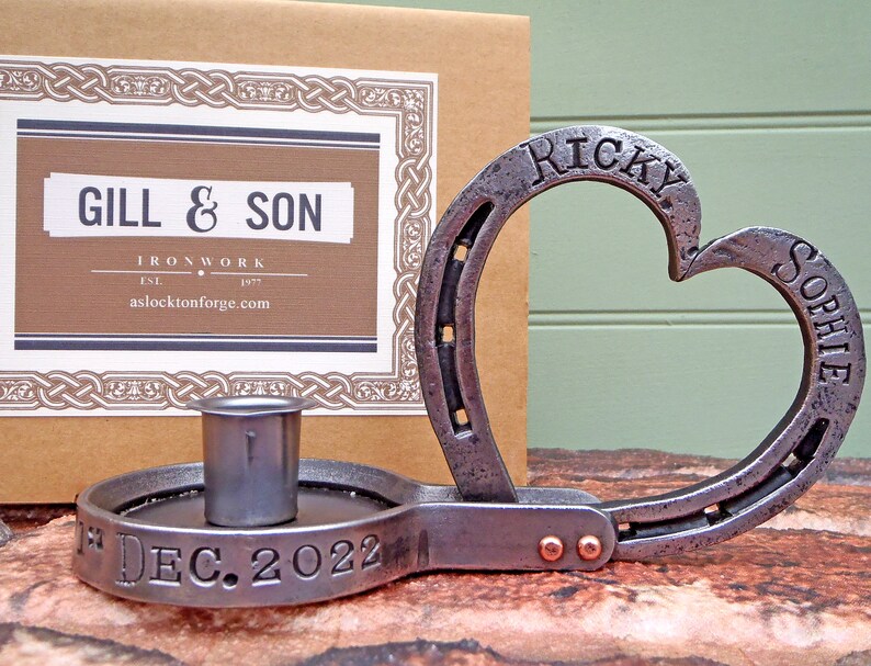 11th Steel Anniversary Gift. Personalised. Horseshoe Heart Candle Holder. Blacksmith Forged. Mild Steel. Gift for Her. Gift for Him. image 3