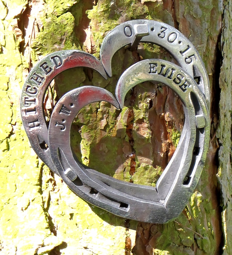 Horseshoe Hearts Keepsakes: Blacksmith made & Personalised with Names, and Dates iron / steel anniversary gift. presentation gift boxed. 11 image 7