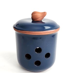 Vintage Ceramic Garlic Keeper, Blue Terracotta Jar with Lid, Rustic Farmhouse Kitchen Decor
