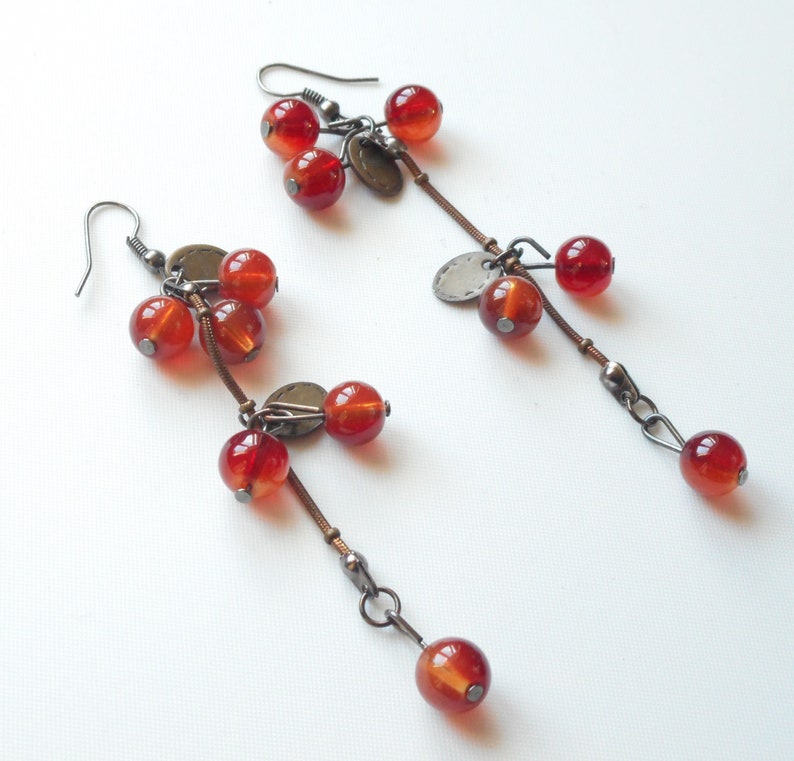 2.75 red Agate gemstone,antique Brass dangling hooks earrings