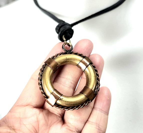Solid Brass Life Preserver Necklace, Nautical Pen… - image 1