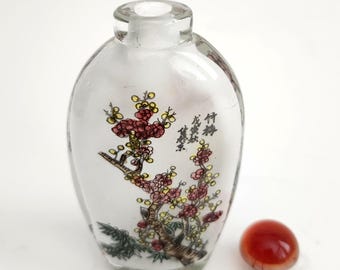 Vintage Chinese Glass Snuff Bottle with Inside Painted Plum Blossom & Red Glass Stopper