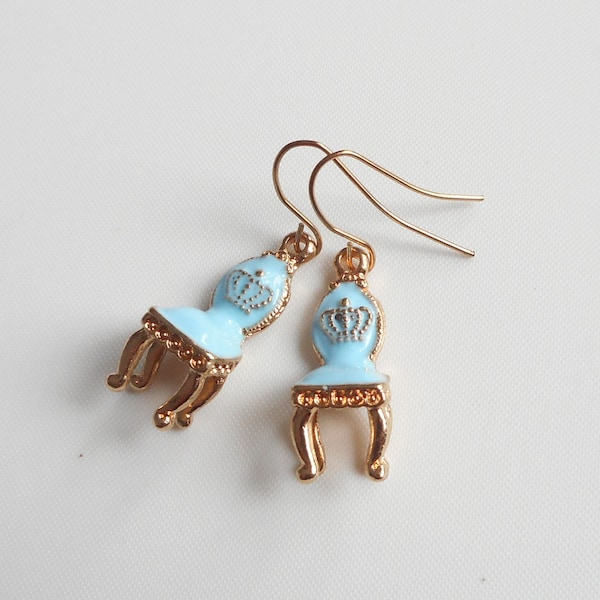 3D gold tone enamel Blue chair Charm earrings