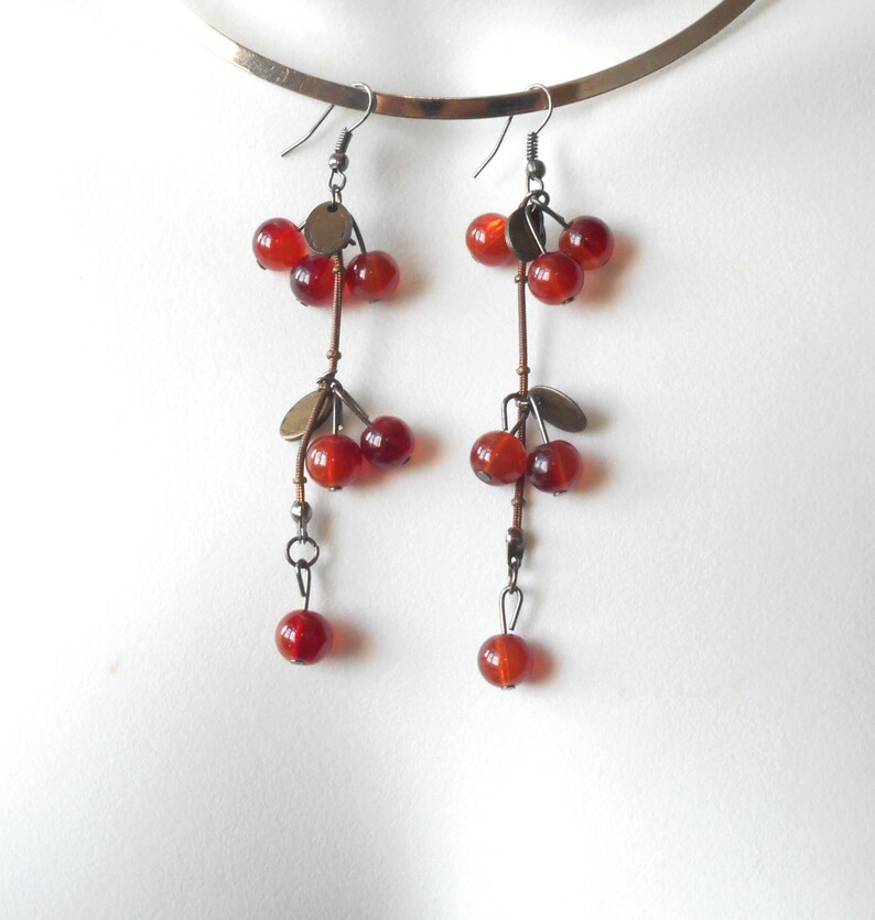 2.75 red Agate gemstone,antique Brass dangling hooks earrings