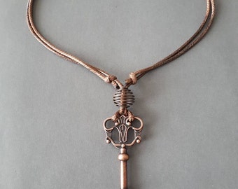 3" Large Red Copper key charm Pendant Wax Rope handmade adjustable necklace