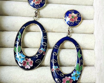 Pendientes vintage de esmalte cloisonné azul real estilo boho chic, pendientes florales boho