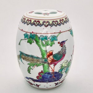 Vintage Hand Painted Porcelain barrel Ginger Jar with Pierced Lid