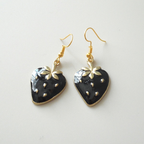 1" Gold tone Enamel black strawberry Charm earrings