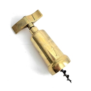 Vintage Solid Brass Corkscrew Wine Opener, Heavy Barware, Mid-Century Bottle Opener