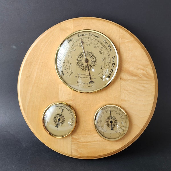 VTG Wooden Weather Station Made in France Baromaster-Barometer, Thermometer, Hygrometer