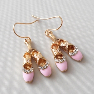 1&quot; Gold tone Enamel Soft pink shoes Charm w/ clear Rhinestone, minimalist  earrings