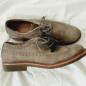 Vintage Polo Ralph Lauren Men’s Wingtip Oxford Shoes, Taupe Suede Leather Brogues, Size 10D