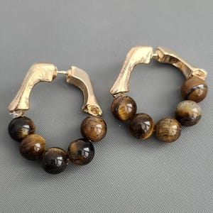 Vintage Natural Gold Tiger's Eye, Gold plated Hoop earrings