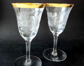 ヴィンテージ風エッチング加工のひまわりワイングラス、金縁クリスタル製バーウェア（2個セット）