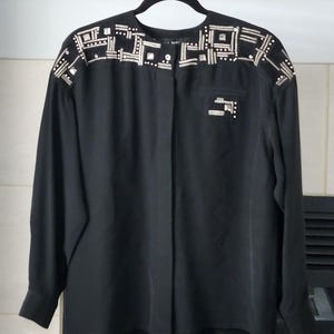 Vintage 100% Silk Black Long Sleeves Shirt with embroider & Beads, Button Down Black Silk Blouse, Women&#39;s Size 6
