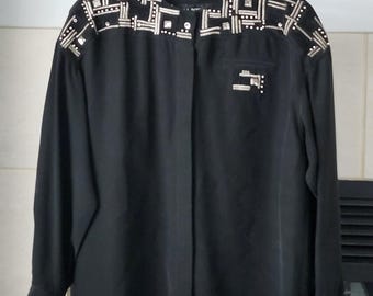 ヴィンテージ 100%シルク 長袖シャツ 刺繍とビーズ付き レディース サイズ6