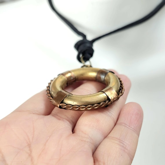 Solid Brass Life Preserver Necklace, Nautical Pen… - image 2