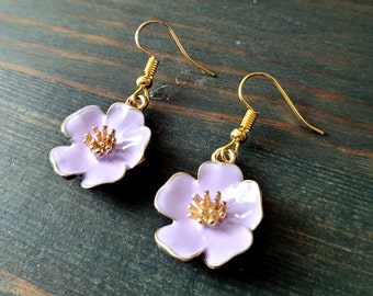 1.25" Gold tone Enamel light purple flower Charm earrings, minimalist earrings