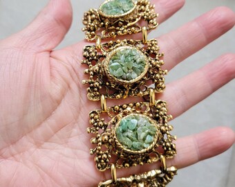 Bracelet jonc VTG 7,5 po. en laiton plaqué or jade vert broyé - RARE