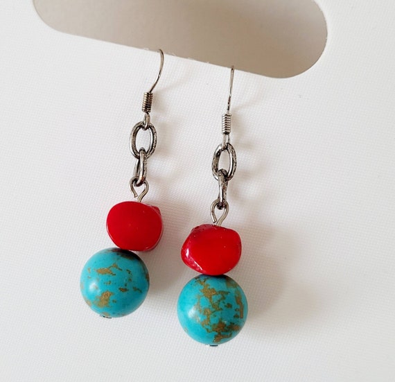 Red Jasper & Red Coral round dangle Gemstone Earrings 925 Sterling Silver hooks