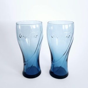 Set of 2 Vintage Blue Glass Coca-Cola Drinking Cups, Pop Coca Cola Glass Drinkware, coca cola collection