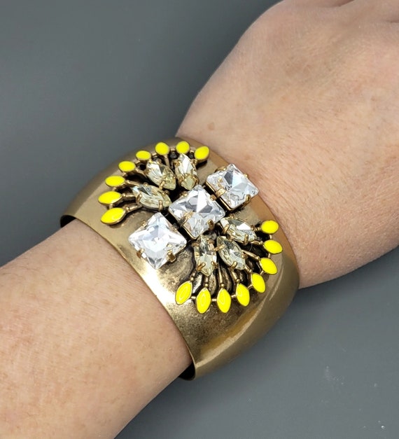 Stella Dot Gold tone Brass Wide Cuff Bangle Bracelet with Glass Rhinestone