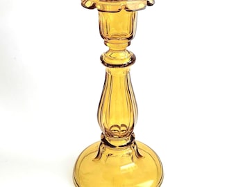 Vintage Amber Glass Candle Stick Holder 9.5 Inch Tall, Mid Century Ribbed Taper Candle Holder, Retro Home Decor, Honey Yellow Glass