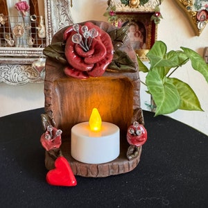 Little Rustic Pottery Shrine with Roses and Beads *** Shrine ~ Altar ~ Hand Built Pottery Clay Shrine ~ In Honor Of ~ Remembrance