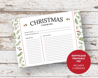 Receptkaarten voor kerstkoekjes, downloadbare receptafdrukken, bakcadeau voor de feestdagen