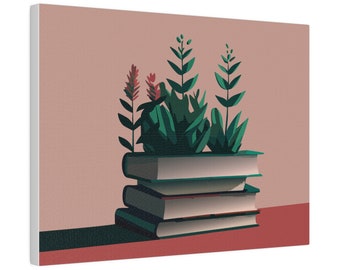 Boeken en planten print, boekenliefhebber cadeau, artwork voor bibliotheek, planten en boeken canvas