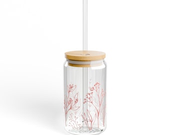 Glas met rietje, beker met bloemen, roze sipperglas met bloemen, 16 oz drank
