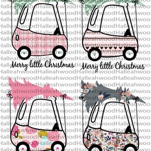 May include: Two pink and white toy cars with Christmas trees on top. The cars have different patterns on them. The text "Merry little Christmas" is written below the cars.
