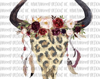 Boho Leopard Floral Skull Digital Design