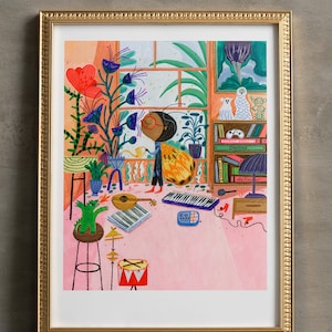 Illustrazione artistica da parete: la stanza di Kimbo / Stampa giclée di alta qualità del disegno originale di Gosia Herba / Illustrazione per bambini