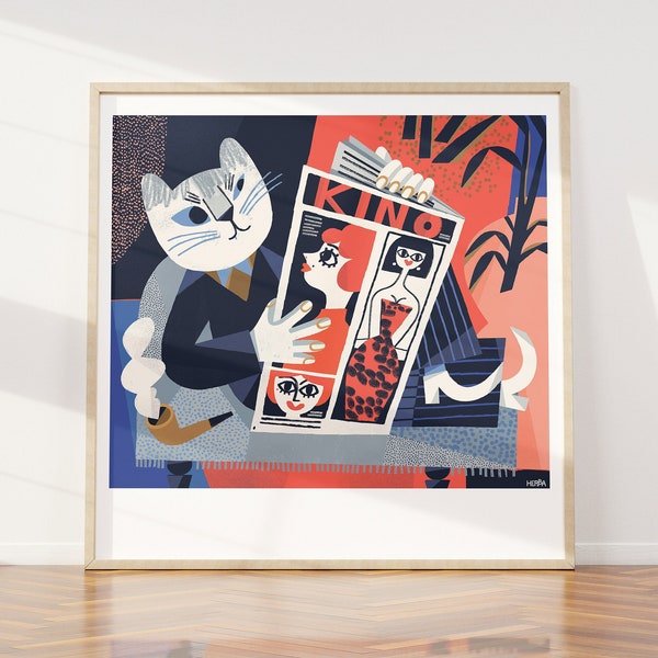 Fine art giclée print: A Cat. A Moviegoer. Original illustration. Art poster. Retro. 50x50 cm.