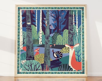 Bestseller! / "In a forest" wall art illustration print / Nature illustration art / Forest poster with animals / 50x50 cm / Giclee print