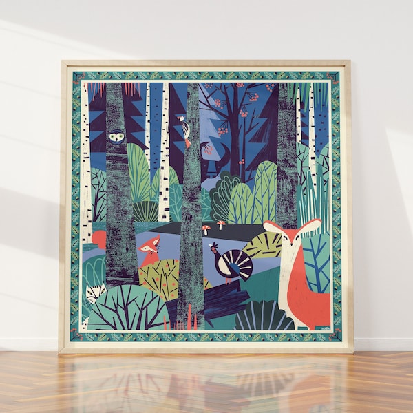 Bestseller! / "In a forest" wall art illustration print / Nature illustration art / Forest poster with animals / 50x50 cm / Giclee print