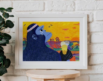 What a beautiful sunset! / Monkey illustration / 70x50 cm 40x30 cm poster / Kids wall decor / Cute monkey print / Colorful landscape