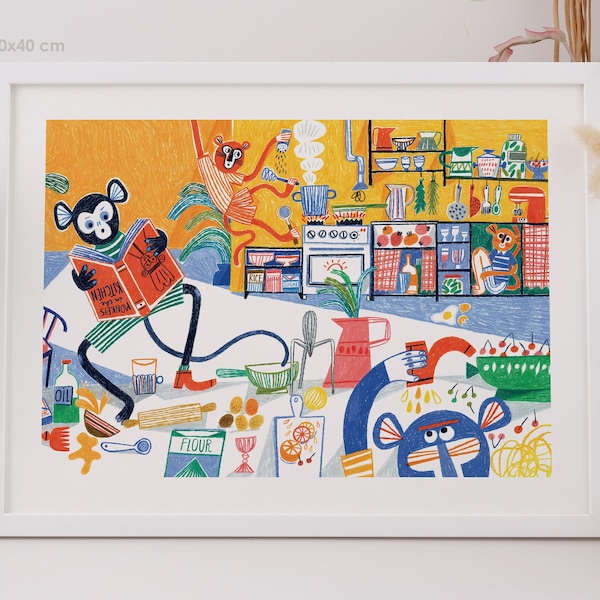 Monkeys in the kitchen / Funny illustration / 70x50 cm 40x30 cm poster / Kids wall decor / Cute monkey print / Kitchen art