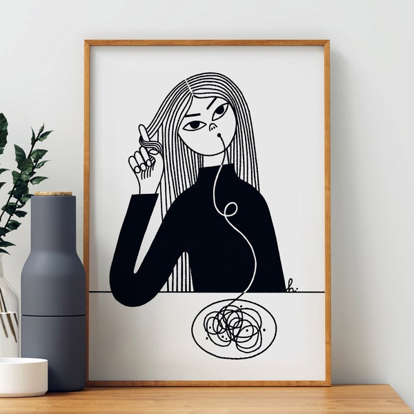 Art print: Spaghetti / Italian Food print / Spaghetti wall decor / Funny illustration / 50x70, 40x50, 30x40 cm / Doodle / Retro Poster
