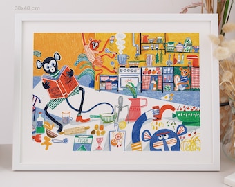 Monkeys in the kitchen / Funny illustration / 70x50 cm 40x30 cm poster / Kids wall decor / Cute monkey print / Kitchen art